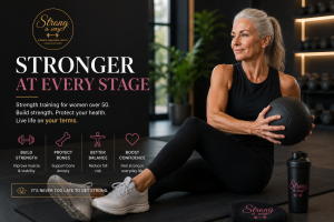 woman over 50 lifting weights with strength coach